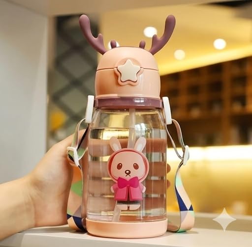 Kids Water Bottle with Cute Cartoon Design | Leakproof Sipper Bottle with Straw & Adjustable Strap