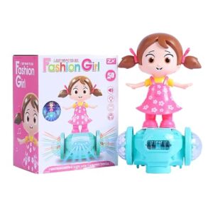 Musical Dancing Girl Doll Toy | 360-Degree Rotating Bump & Go Toy with LED Lights