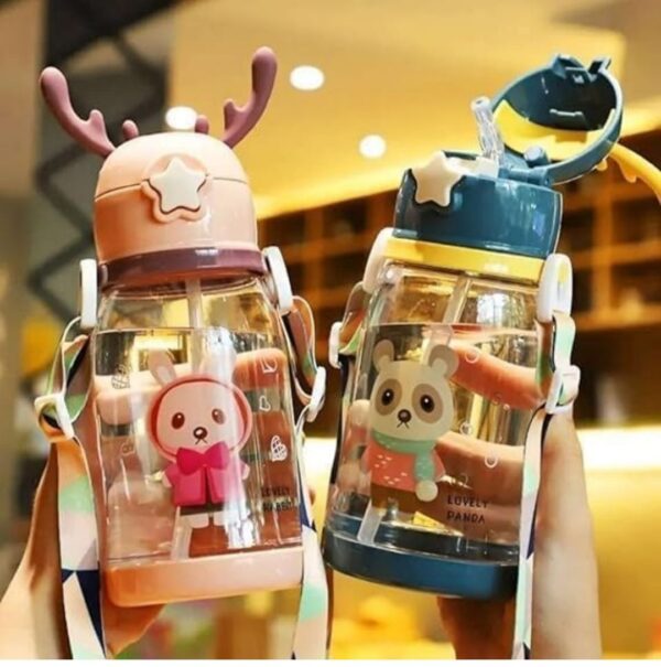 Kids Water Bottle with Cute Cartoon Design | Leakproof Sipper Bottle with Straw & Adjustable Strap