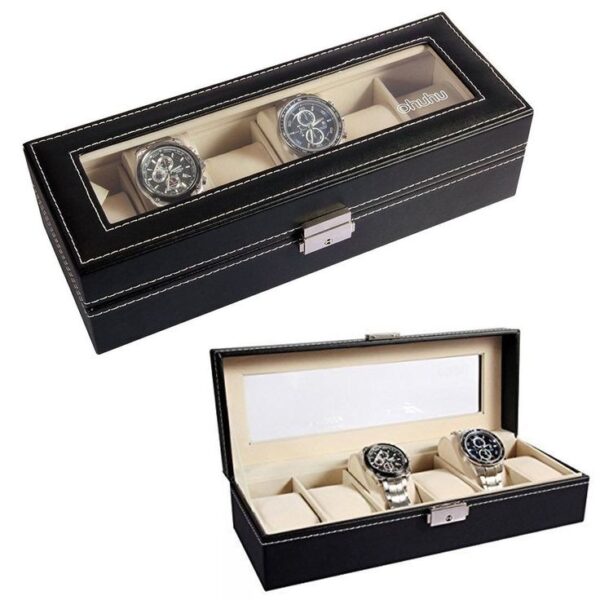 -ONU7DFfMAfcsqfKatp0 Premium 6-Slot Watch Box Organizer with Glass Display Top | Luxury Faux Leather Storage Case